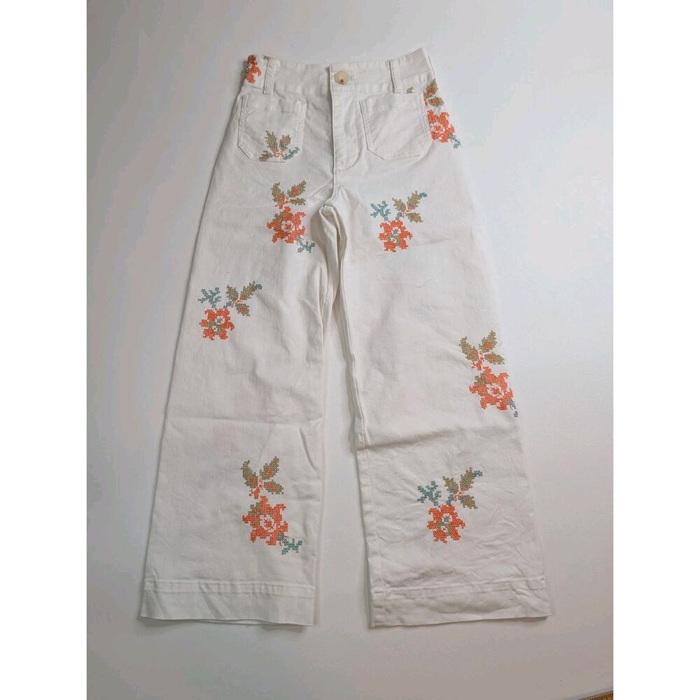 Anthropologie Maeve Colette White Wide-Leg Jeans Floral Embroidery 25 - Picture 4 of 14